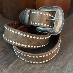 Nomad Genuine Soft Leather rhinestone border,engraved pewter look buckle & tip